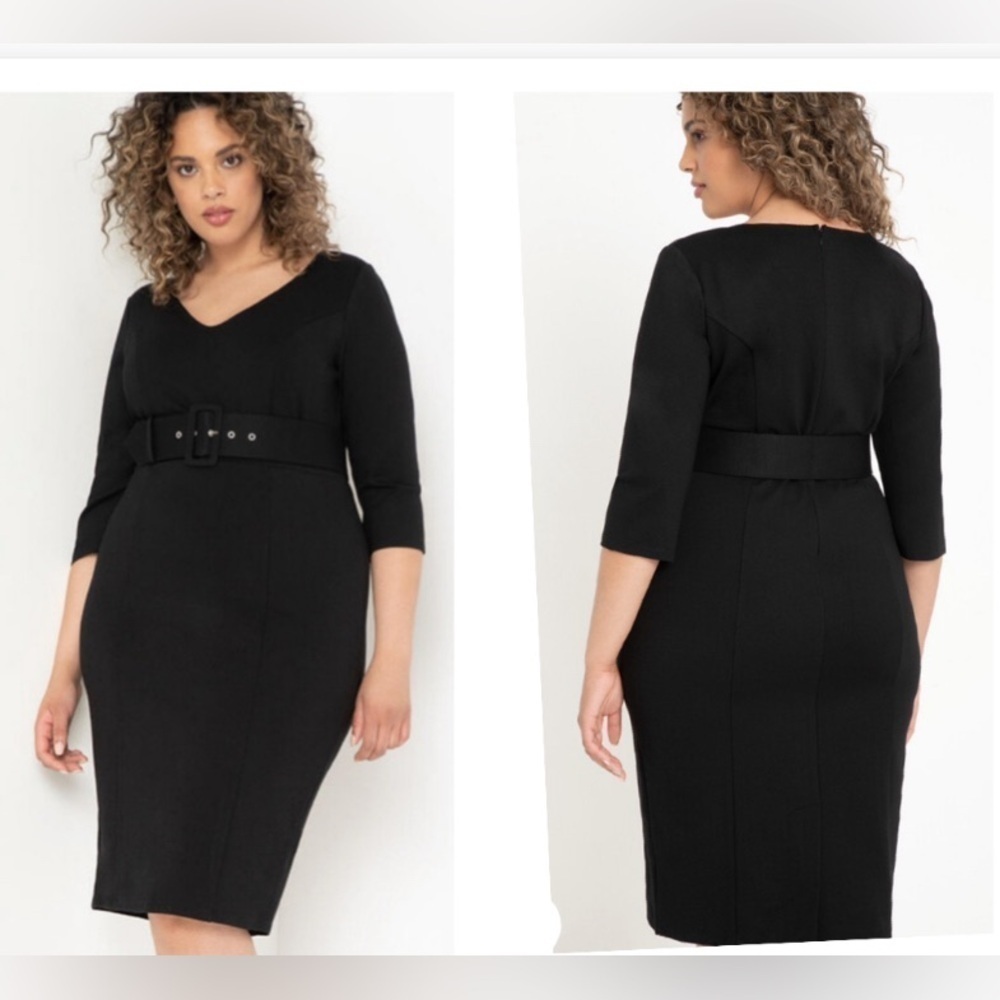 ELOQUII SHIFT woman structured evening black classic quiet luxury midi dress 14
